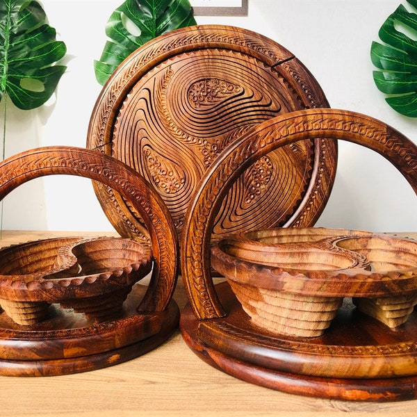 Foldable wooden basket, 3 compartment rosewood trivet to basket, centerpiece collapsible basket, Christmas gift basket