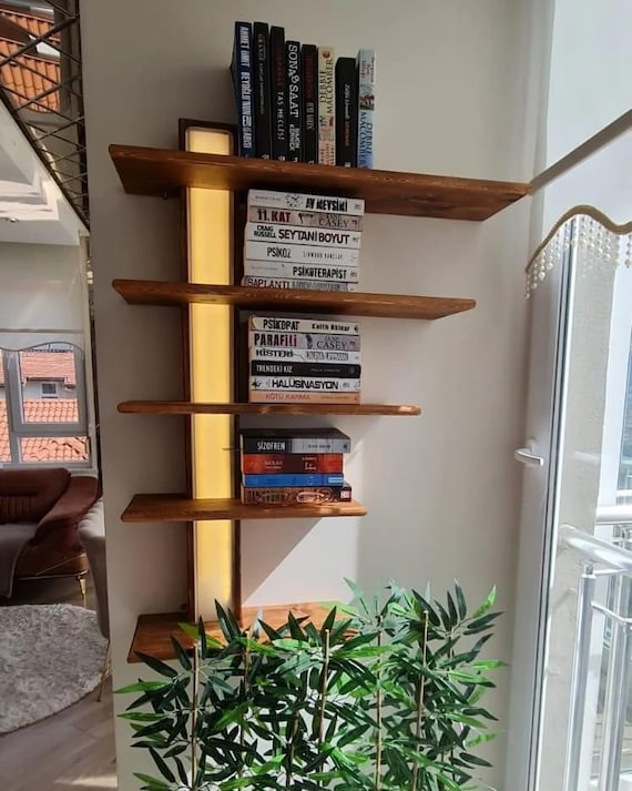 LED Floating Wall Shelf: Five-Tier Wooden Display Bookshelf