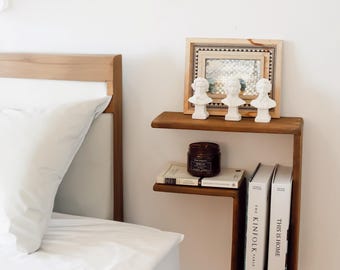 Floating Nightstand, Wall-Mounted Wood Bedside Shelf — F-Shape, Small Spaces