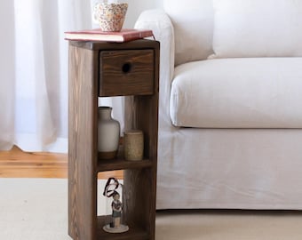 Floating Nightstand with drawer or end table, Narrow bedroom table, Contemporary skinny nightstand, Wooden bedside table