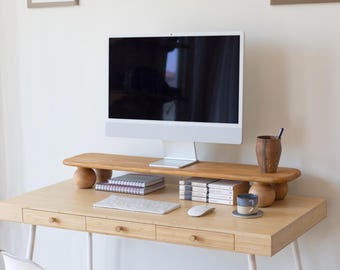 Wooden Monitor Stand For Desk Organization, Ergonomic Computer Riser With Oval Legs, Solid Wood Screen Shelf For Minimal Office Decor