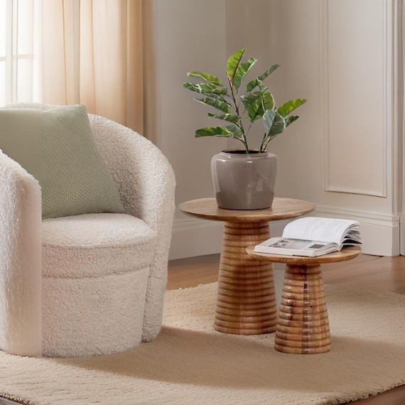 Handcrafted Linden Wood Mushroom Table: Modern Ring Detail End Table
