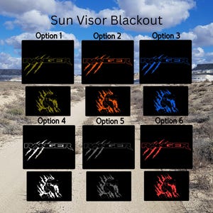 May include: Sun Visor Blackout options with the word "RANGER" in various colors, including yellow, orange, and blue. Each option features a claw mark design. The text "Sun Visor Blackout" is at the top.