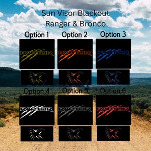 May include: Black sun visor blackout options for Ranger & Bronco vehicles. The image displays six options with the word "RAPTOR" and a claw mark design in various colors, including yellow, orange, blue, white, gray, and red.