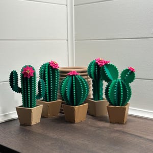 May include: Six small green cactus plants with pink flowers in brown pots. The cactus plants are made of plastic and are arranged on a wooden surface.