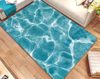 Ocean Waves Themed Blue Rug Seaside Inspired Carpet Marine Theme Decor, Seascape Area Rug Blue Decor Christmas Gift