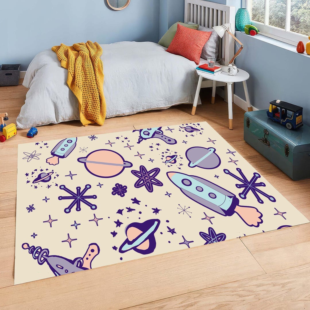 Retro Space Kids Rug Planet Pattern Carpet, Cartoon Children Space Rug ...