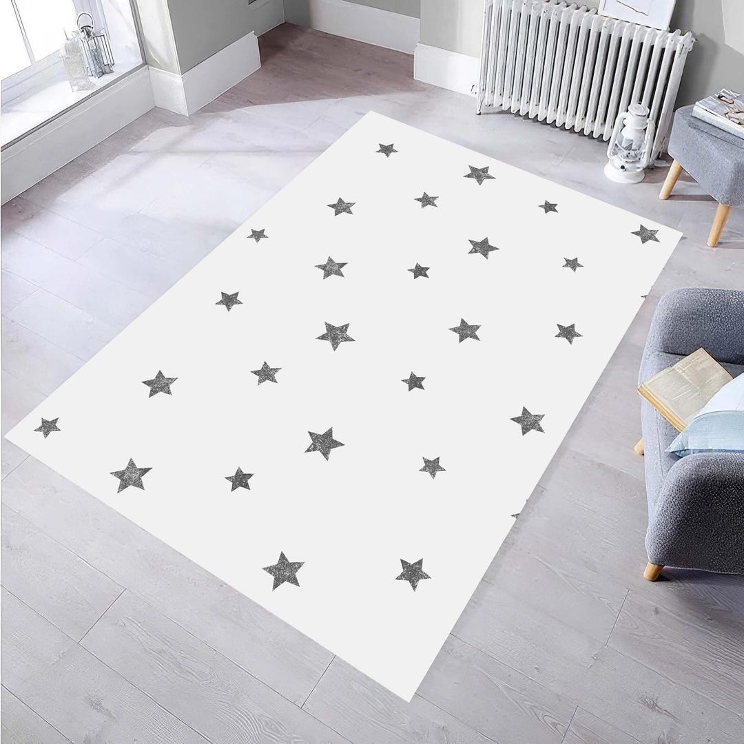 Black White Star Rug for Kids Room, Star Pattern Rug, Washable Kids Rug ...