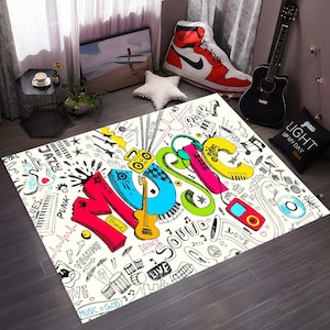 Alfombra con motivos musicales, alfombra para sala de música, alfombra colorida con temática musical, alfombra de guitarra, alfombra con auriculares, regalo musical, regalo para amantes de la música, regalo para él o ella