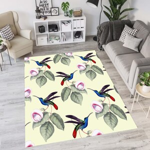 Bird Pattern Cute Rug, Birds and Flowers Pattern Rug, Living Room Carpet With Bird Pattern, Home Decor Rug, Green Tree Rug, Gift For Mom