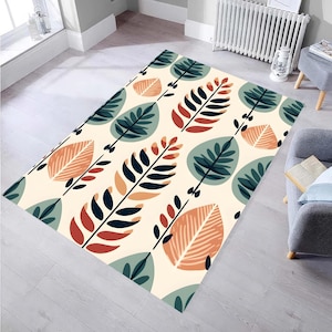 Botanical Rug Nature Inspired Decor Modern Leaf Carpet, Scandinavian Decor, Boho Floral Rug, Minimalist Home Decor, Gift for Home