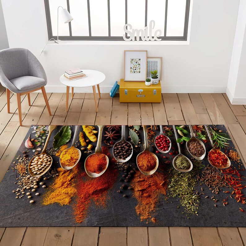 Vibrant Printed Kitchen Rug, Spices in Spoon Themed Rug, Machine ...