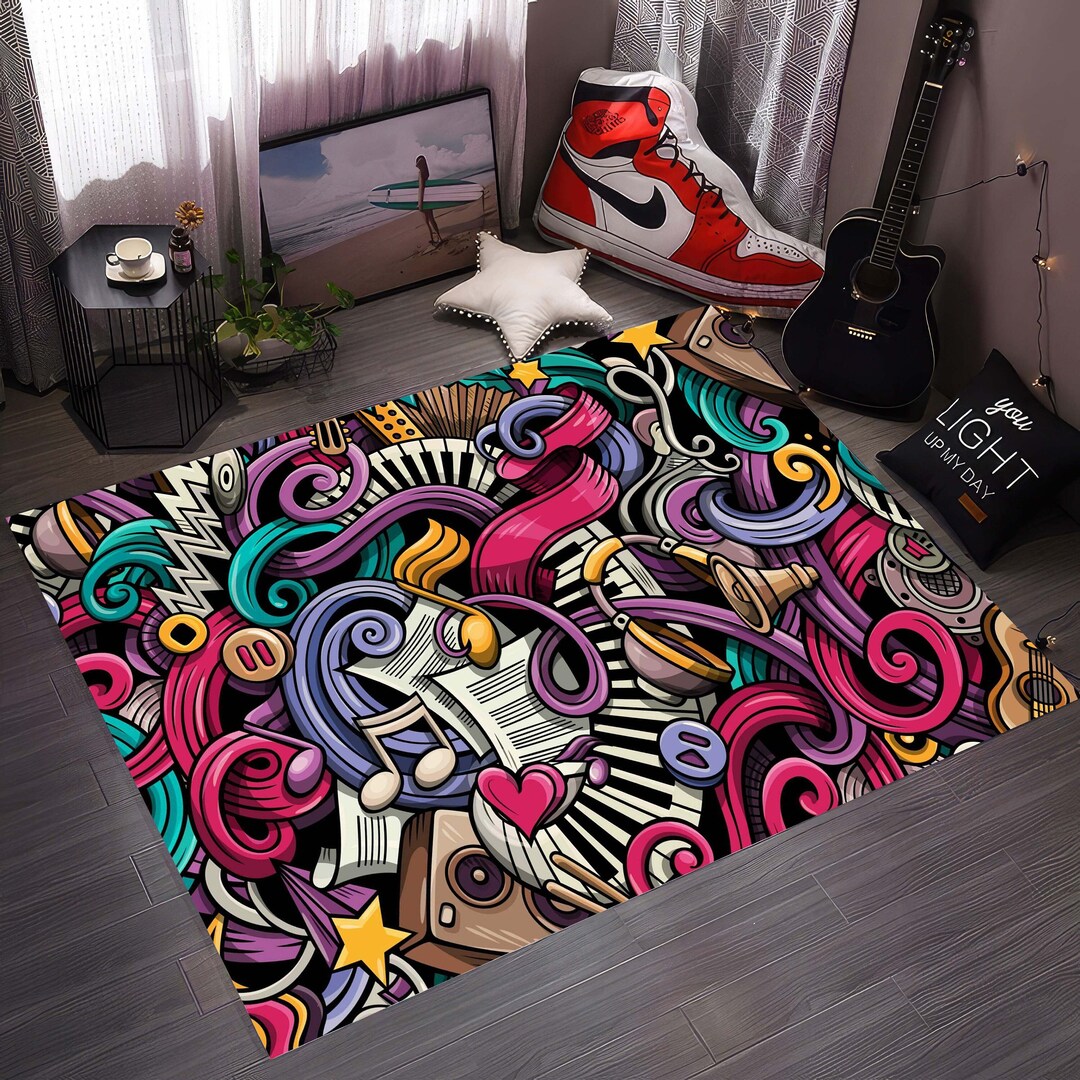 Vibrant Cartoon Hand Drawn Music Illustration Printed Rug, Music ...