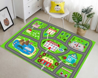 City Road Playground Ultra Soft Nursery Kids Rug, Montessori Playroom Road Carpet, Children Cotton Play Mat Rug, Metropolis Play Rug