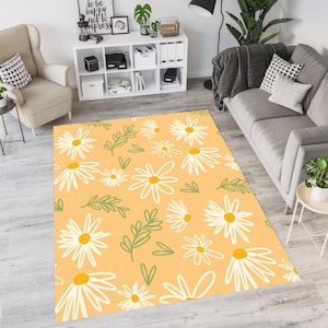 Daisy Soft Carpet, Wildflowers Area Rug, Floral Washable Living Room Mat, Girls Non Slip Flower Rug