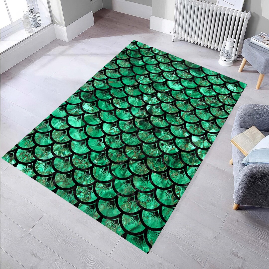 Green Fish Scale Rug: Ocean Theme Mermaid Decor - Etsy