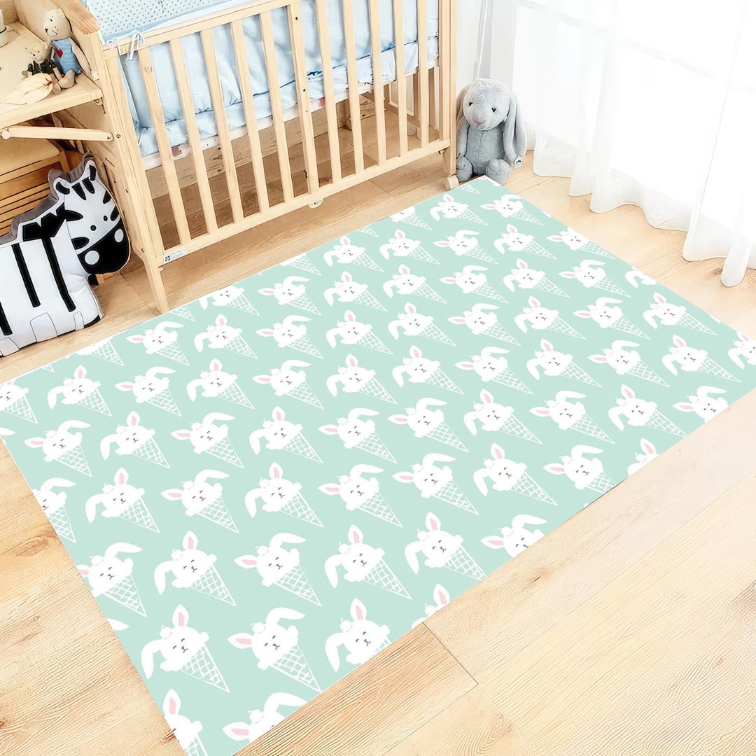 Bunny Baby Room Rug: Mint Green Rabbit, Kawaii Nursery Decor - Etsy