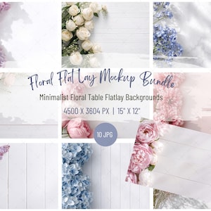 Puede incluir: Una colección de fondos de maquetas de diseño floral. La imagen incluye varios arreglos florales, como rosas y hortensias, con un diseño minimalista. El texto de la imagen dice "Floral Flat Lay Mockup Bundle" y "38 cm X 30 cm".