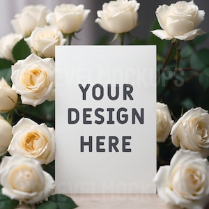 Karta JPEG Mockup, Płaski układ Mockup, Styl Boho, 5x7 Kartka z życzeniami Mockup, Kartka urodzinowa JPEG Mockup, Białe róże Karta Mockup, Kwiatowy Mockup