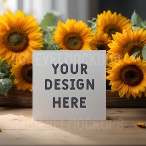 Jpeg-mockup zonnebloemenkaart, platliggend mockup, boho-stijl, vierkante wenskaartmockup, jpeg-mockup verjaardagskaart, kaartmodel, bloemenmodel