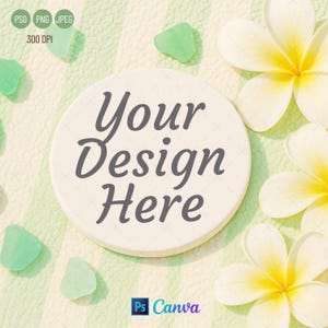 Coaster Mockup PSD Boho Style | Canva PNG JPG Sea Coaster Template | Minimalist Blank Coaster Mockup for Etsy Listing | Digital Download