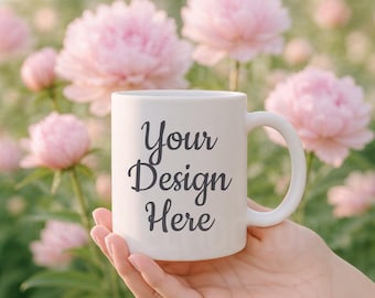 Floral Peonies Mug Mockup: 11oz White Coffee Cup (JPG Download 4000x4000px)