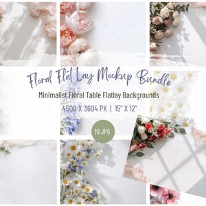 Floral Flat Lay Mockup Bundle (10 Mockups) | Minimalist Floral Table Flatlay Background | Digital Product Backdrop