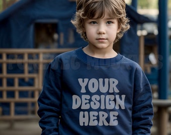 Little Boy With Long Sleeve T-shirt JPEG Mockup Template, Navy color, Sweatshirt Mockup, Sweatshirt Model Mockup, Toddler Sweatshirt Mockup