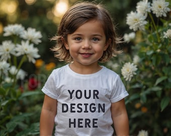Little Girl White T-Shirt Mockup: Bella Canvas 3001T, Kids Model (JPG Digital Download)