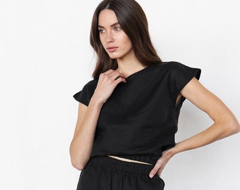 VALERIA Black Linen Minimalist Crop Top for Women, Black Linen Simple Everyday Summer Blouse, Linen Black Sleeveless Shirt