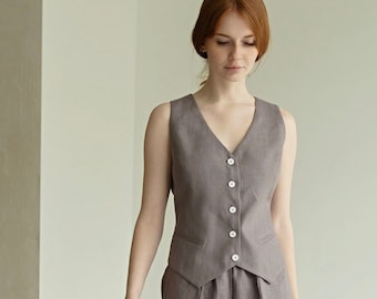 Gray Linen Vest for Women, Sleeveless Linen Womens Smart Waistcoat Top, V Neck Linen Elegant Top for Women