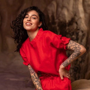 Linen Red Top with Short Puffed Sleeves ANA, Linen Summer Smart Casual Blouse for Women