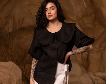 Linen Blouse with Peter Pan Collar MARTA, Medium Sleeves, Loose Fit, Smart Casual Linen Black Shirt for Women