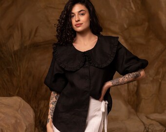 Black Linen Blouse with Peter Pan Collar MARTA, Medium Sleeves, Loose Fit, Smart Casual Linen Black Shirt for Women