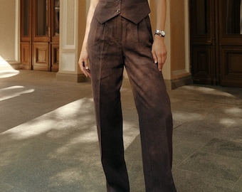 Linen Wide Leg Navy Blue Palazzo Women Pants, Pleated, Straight, Elegant Linen Trousers with Pockets for Women