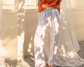 Wide Leg Linen Women Pants with Drawstring AUGUST, Pull On Pants with Pockets, Smart Casual White Linen Trousers for Women
