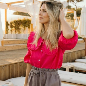 Peter Pan Collar Fuchsia Linen Blouse MARTA with Medium Sleeves, Smart Casual Linen Shirt for Women, Classic Womens Shirt