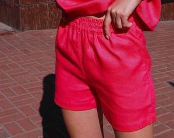 Fuchsia Linen Womens Shorts JUNE with Mid Waist and Side Pockets, Linen Women Everyday Shorts, Lounge Short for Women