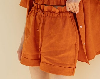 Short en lin orange pour femme, taille haute avec cordon de serrage et poches, jambe large décontractée élégante, short de détente en lin à enfiler pour femme