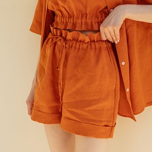 Orange Linen Women Paperbag Shorts MAY, High Waist with Drawstring and Pockets, Smart Casual Wide Leg, Pull On Linen Lounge Shorts for Women