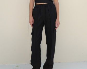 Black Linen Cargo Pants: High Waist Straight Leg Trousers