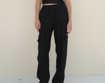 Black Cargo Pants for Women, Linen Straight Pull On Women Urban Trousers with Pockets, Long High Waist Linen Pants for Women