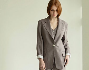 Linen Classic Gray Women Blazer, Linen Jacket for Women, Smart Casual Loose Linen Women Suit Jacket