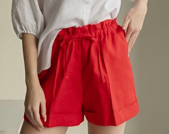Red Linen Women Paperbag Shorts MAY, High Waist with Drawstring and Pockets, Smart Casual Wide Leg, Pull On Linen Lounge Shorts for Women