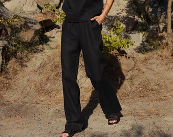 JULY Pantalones de mujer rectos de lino negro con tobillo, elegantes pantalones largos de verano de lino de cintura alta para mujer