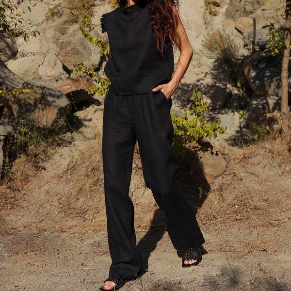 JULI Schwarze Leinen-Jeans zum Anziehen am Knöchel, elegante lange Leinen-Sommerhose mit hoher Taille für Damen