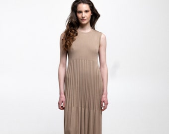 Beige Cotton Knitted Maxi Dress VERA, Elegant Cotton Rib Knit Sleeveless Long Summer Dress for Special Occasion