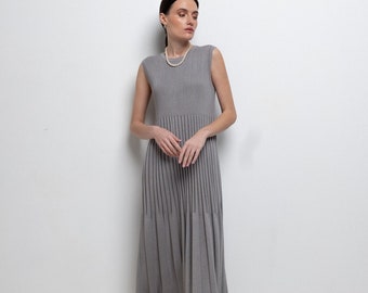 Cotton Knitted Gray Maxi Dress VERA, Elegant Cotton Rib Knit Sleeveless Long Summer Dress for Special Occasion
