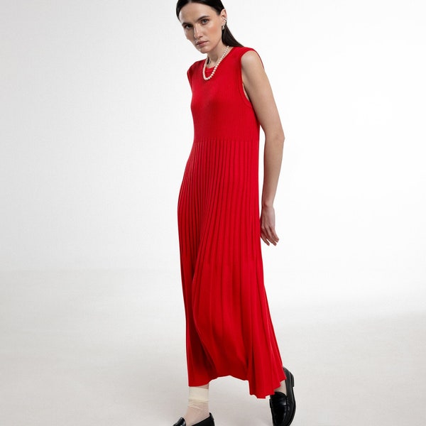 Cotton Knitted Red Maxi Dress VERA, Elegant Cotton Rib Knit Sleeveless Long Summer Dress for Special Occasion