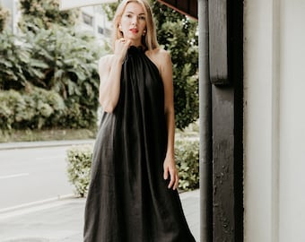 Linen Halter Neck Maxi Dress SEVILLE, Black Linen Special Event Gown, Gala Evening Dress